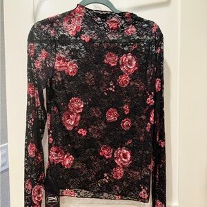 Amazon Black Lace Blouse with Red Floral Pattern